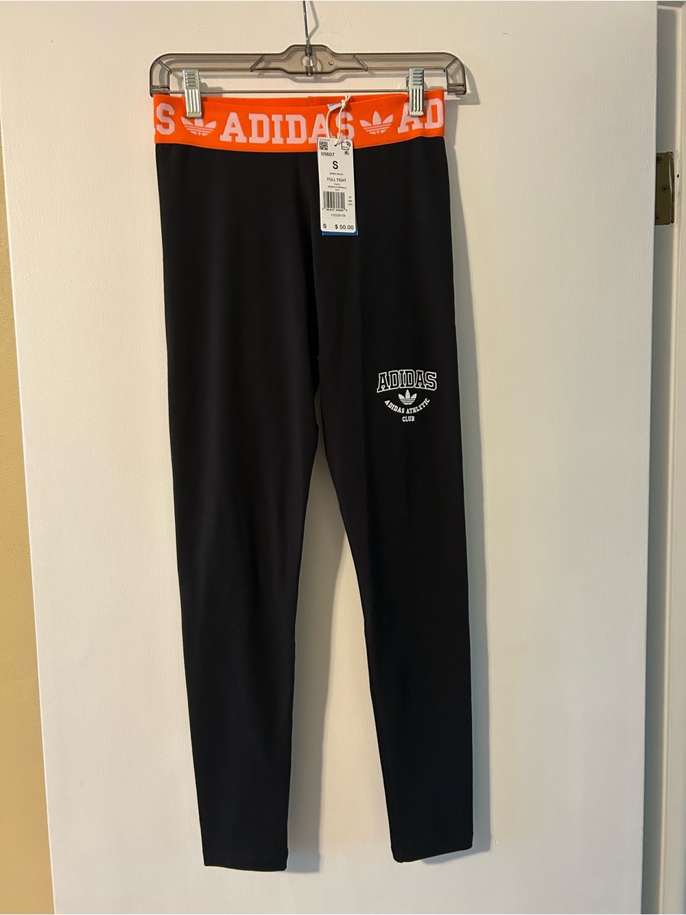 adidas Kids Black Leggings with Orange Logo Waistband and White Logo